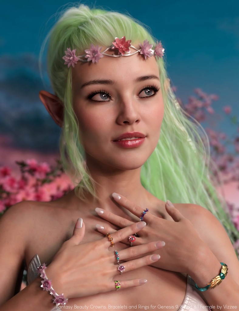 Fantasy Beauty Crowns, Bracelets and Rings for Genesis 9, 8 and 8.1 Female