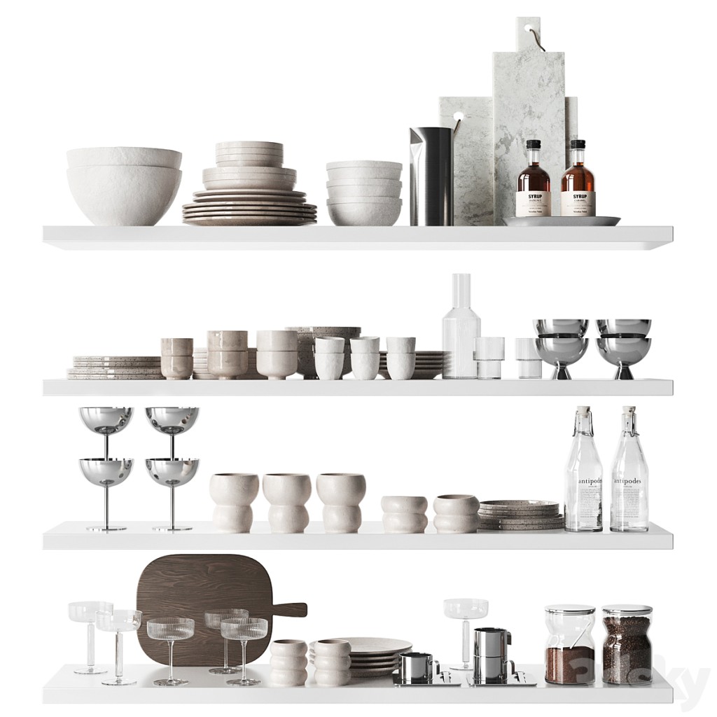Tableware and kitchen utensils for shelves and cabinets